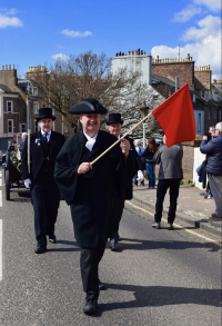 City Officer Stewart Grant, followed by Moderator Ian K Lindsay and Constable Gavin Davey lead the Classic Car Parade April 2018 
